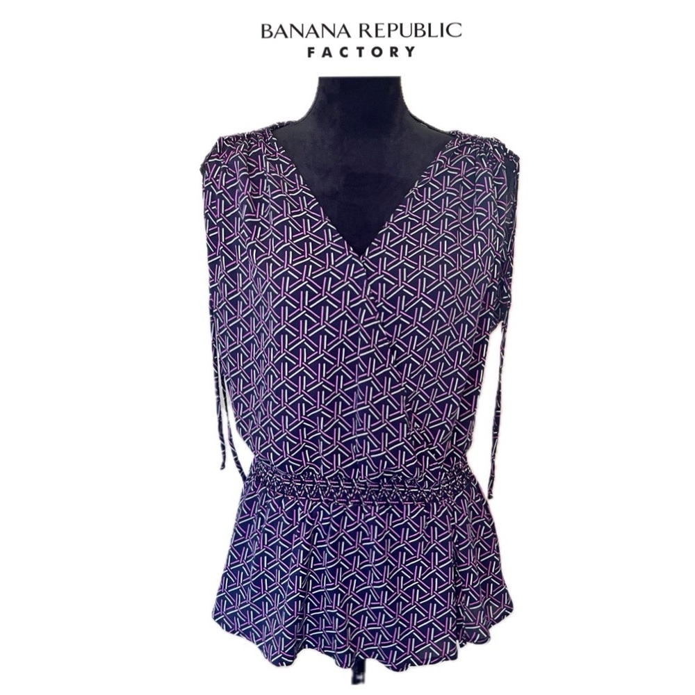 BANANA REPUBLIC Factory Geo Print Peplum Top Sleeveless Tie Shoulder Sz M - Picture 4 of 9